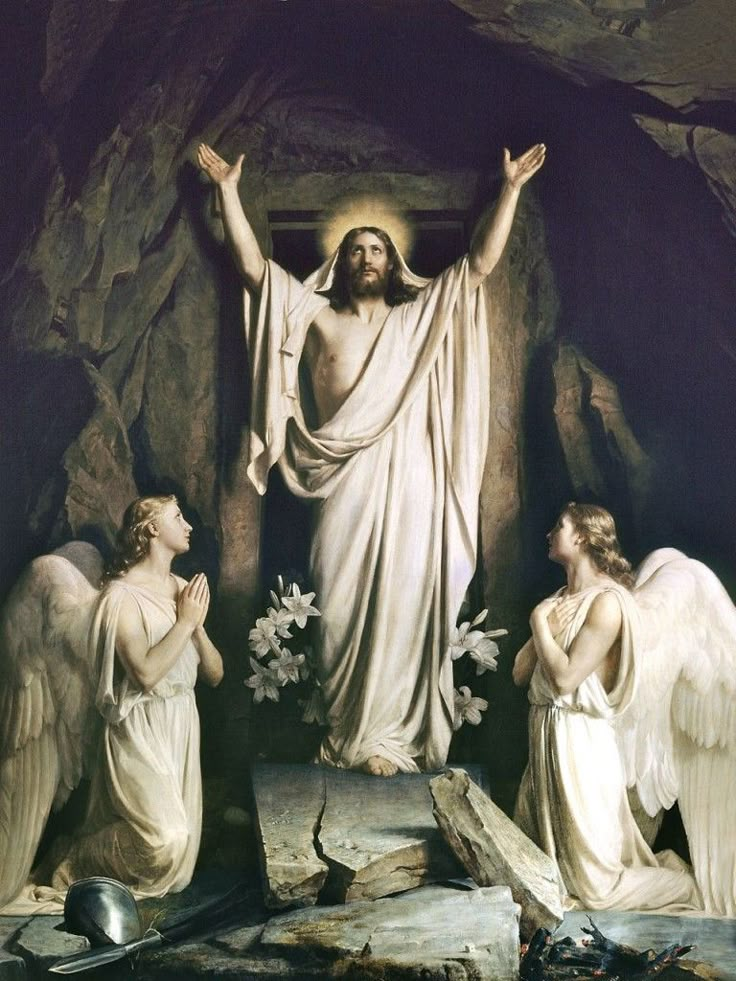 an image of jesus on the cross with angels surrounding him and text that reads, praise the lord the thread returned from the dead