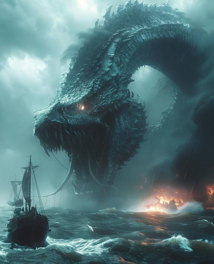 a giant dragon attacking a boat in the ocean