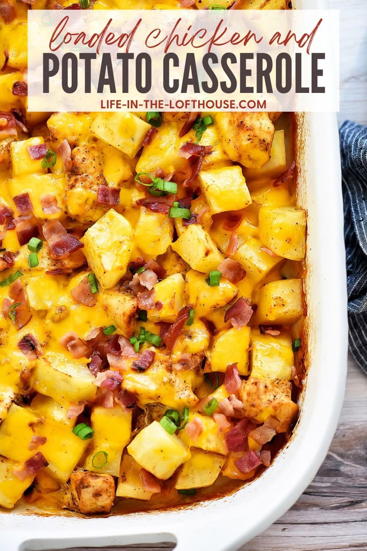 a casserole dish with potatoes, bacon and cheese in it on a wooden table