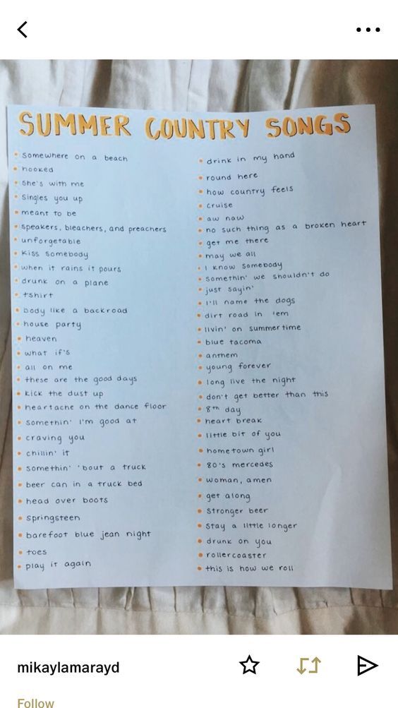 a sheet of paper that is on top of a bed with the words summer country songs