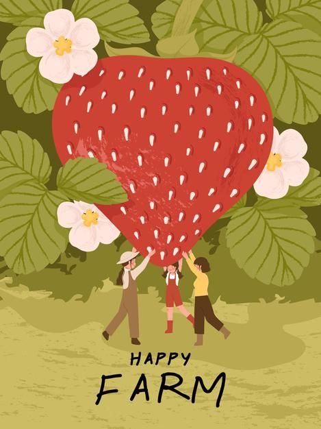 two people carrying a large strawberry in the shape of a heart with flowers on it