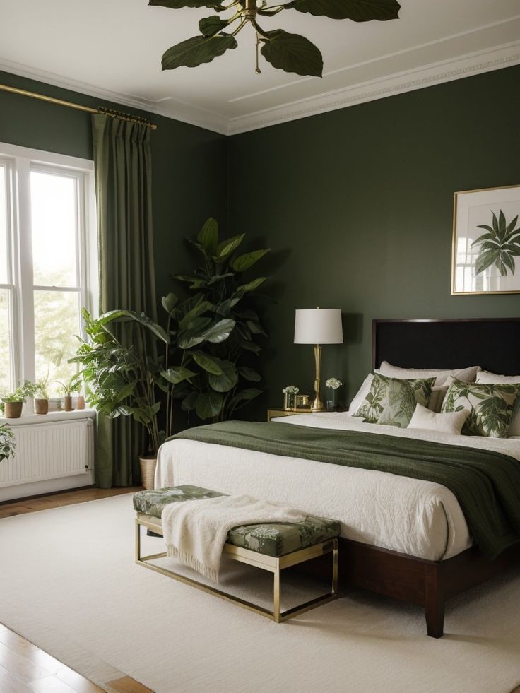 a bedroom with green walls, white carpet and large bed in the middle of the room