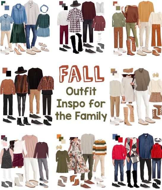 a collage of clothes and shoes with the words fall outfit inspo for the family