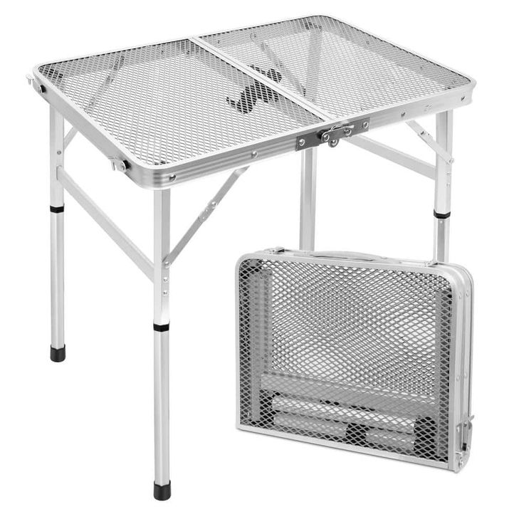 a white table with a metal mesh top and two compartments for the back side of it