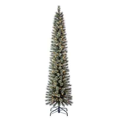 a tall artificial christmas tree with lights on it's sides and a metal stand