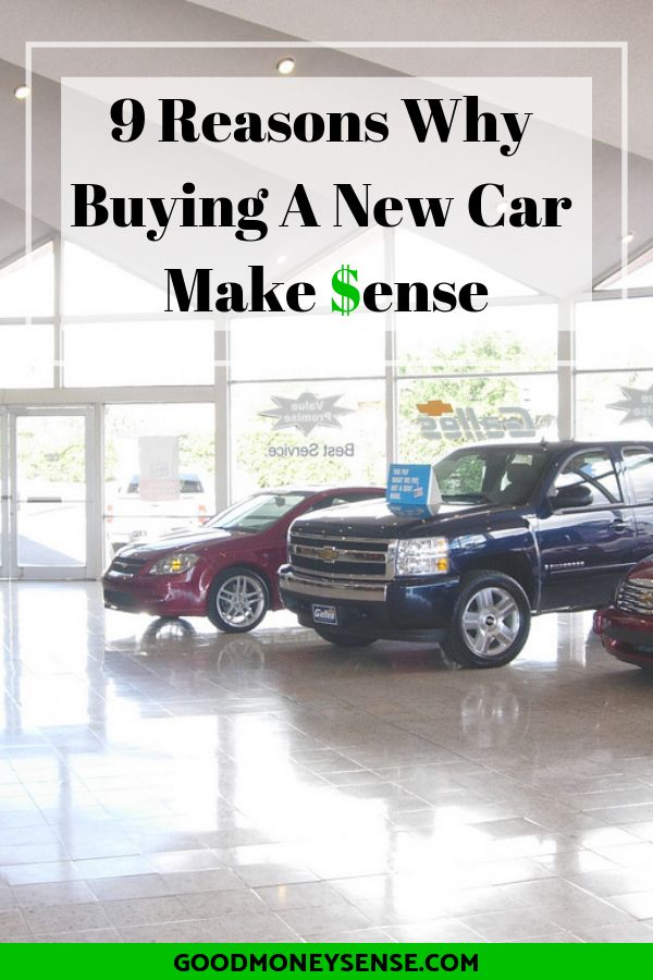 two cars in a showroom with the words 9 reasons why buying a new car make sense