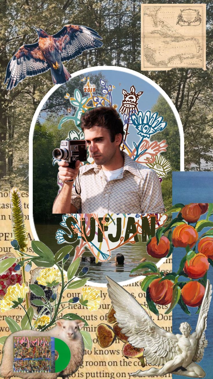 a collage with birds, flowers and an image of a man holding a camera