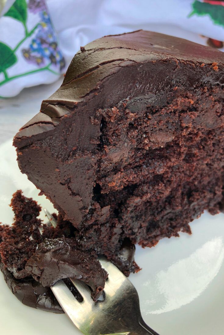 a piece of chocolate cake on a plate with a fork