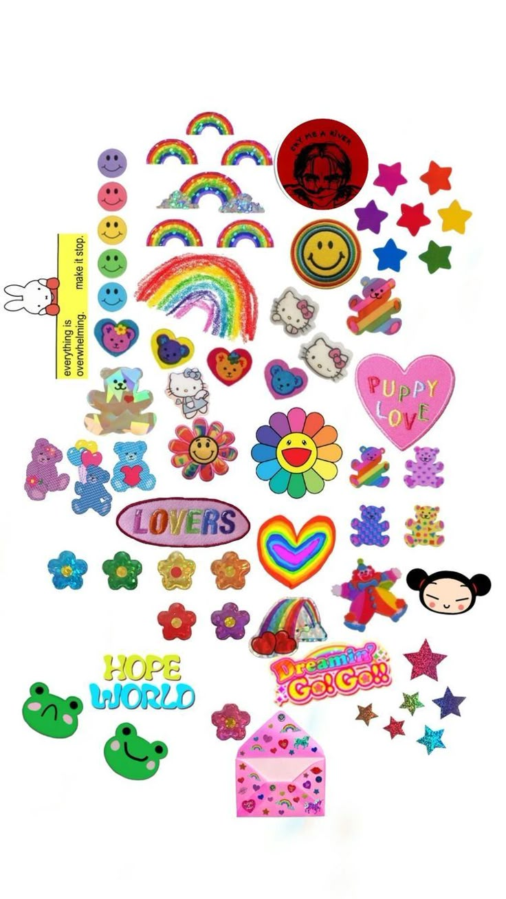 a bunch of stickers that are on top of a white surface with different colors and shapes