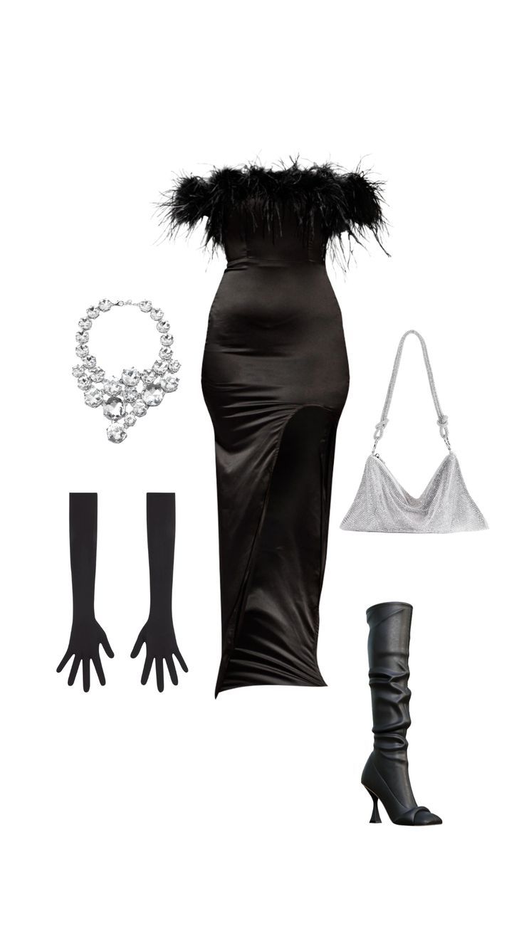 a black dress and accessories are shown on a white background, including high heeled boots