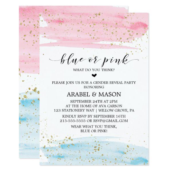 a pink and blue watercolor wedding card with gold glitters on the edges, which reads blue & pink what do you think?