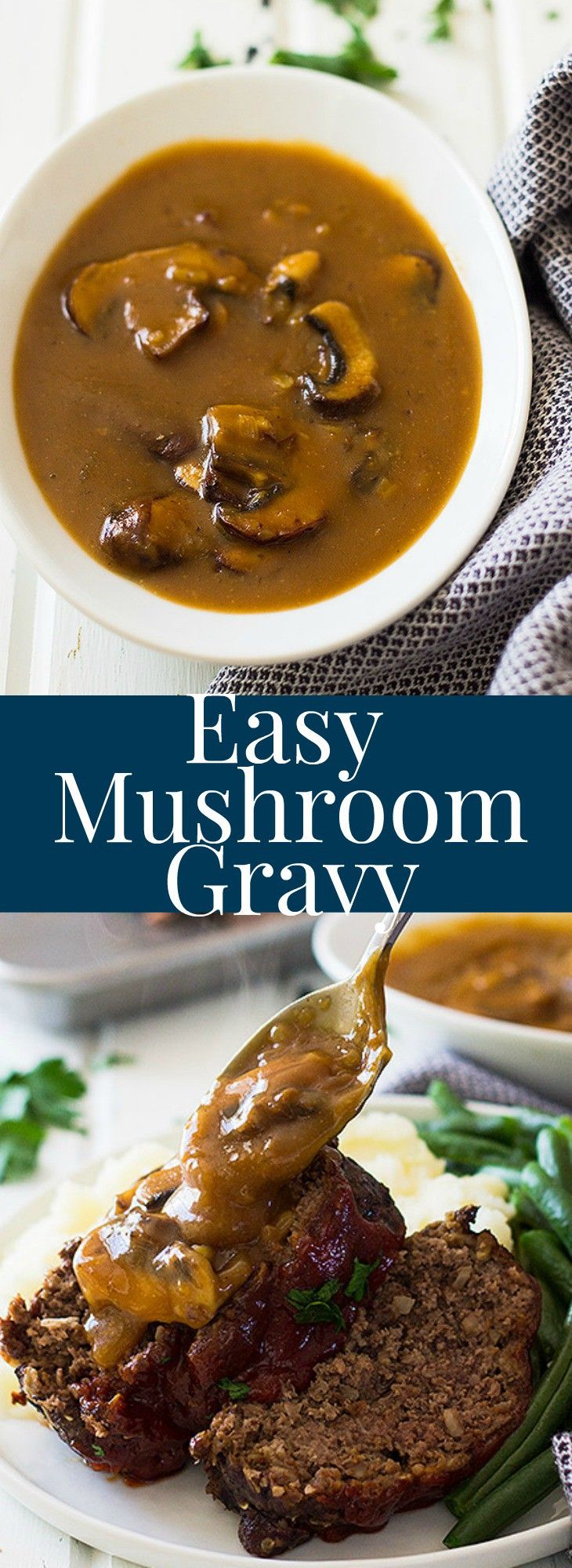 easy mushroom gravy on a plate with green beans and mashed potatoes