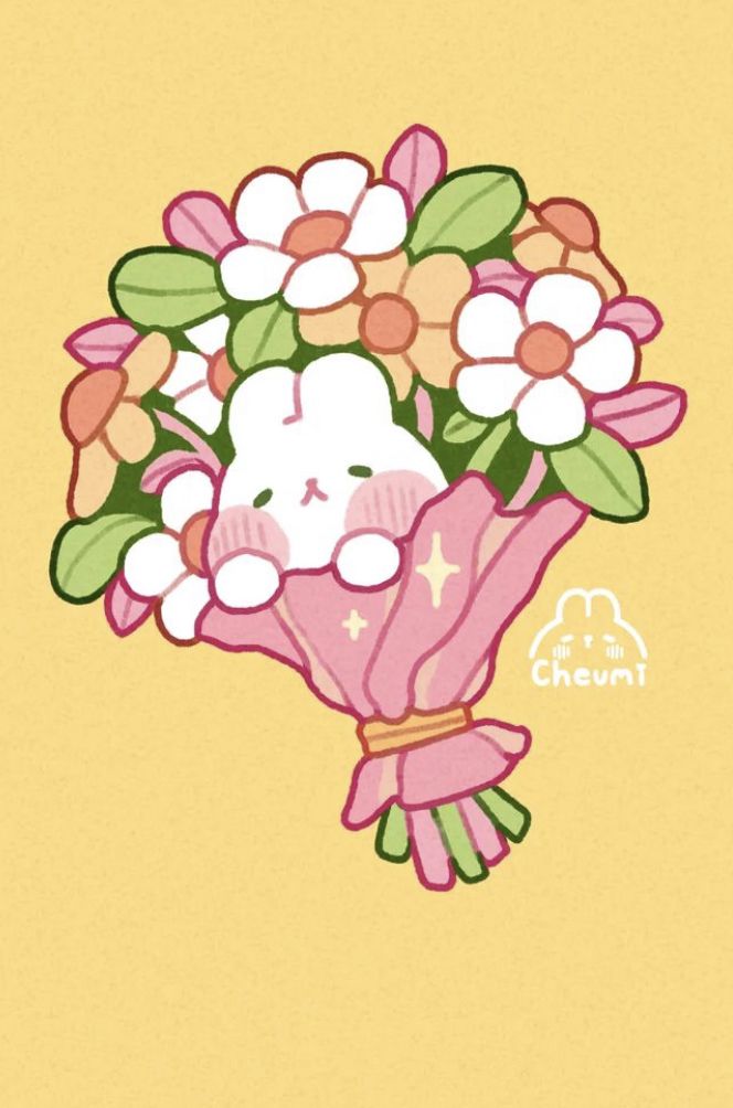 a drawing of a bouquet of flowers with a cat on it's head in the center