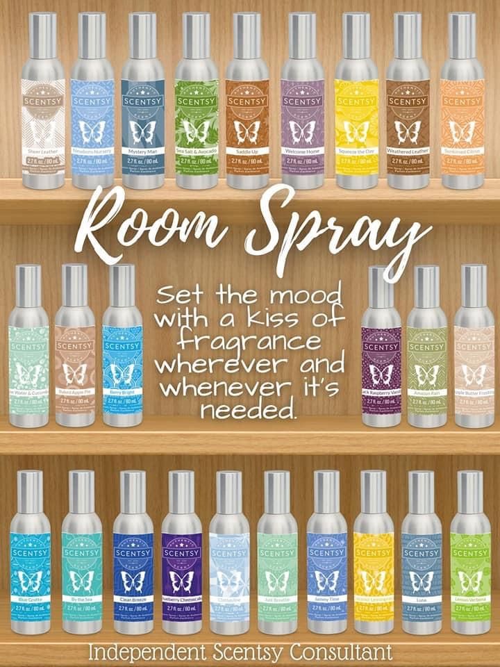 an advertisement for room sprays with different colors and sizes on the shelves in front of them