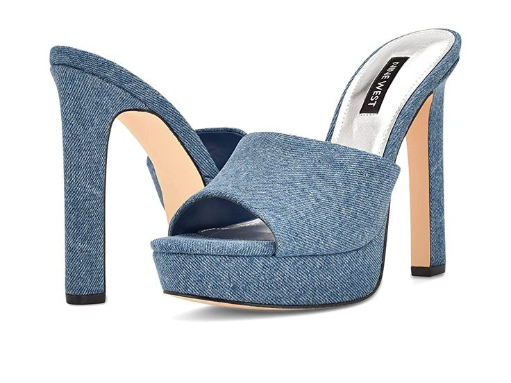 Nine West Wilia 7 - Women's Shoes : Blue Denim : Step out stylishly wearing the chic and classy Nine West Wilia 7 Heels. Textile upper. Man-made lining and insole. Slip-on style. Round peep-toe. High block heel. Brand logo on insole. Man-made outsole. Imported. Measurements: Heel height: 4.72 in, Platform height: 1.06 in. Weight of footwear is based on a single item, not a pair. Trendy Closed Toe Heels With Stacked Heel, Trendy Stacked Heel Closed Toe Heels, Spring 4-inch Square Toe Heels, Trendy Open-toe Mules With Reinforced Heel, Trendy Open Toe Mules With Reinforced Heel, Trendy Formal Mules With High Heel, Fitted Platform Open Toe Sandals, Trendy Open Toe Mules With 4-inch Heel, Trendy Formal Mules With Deep Heel Cup