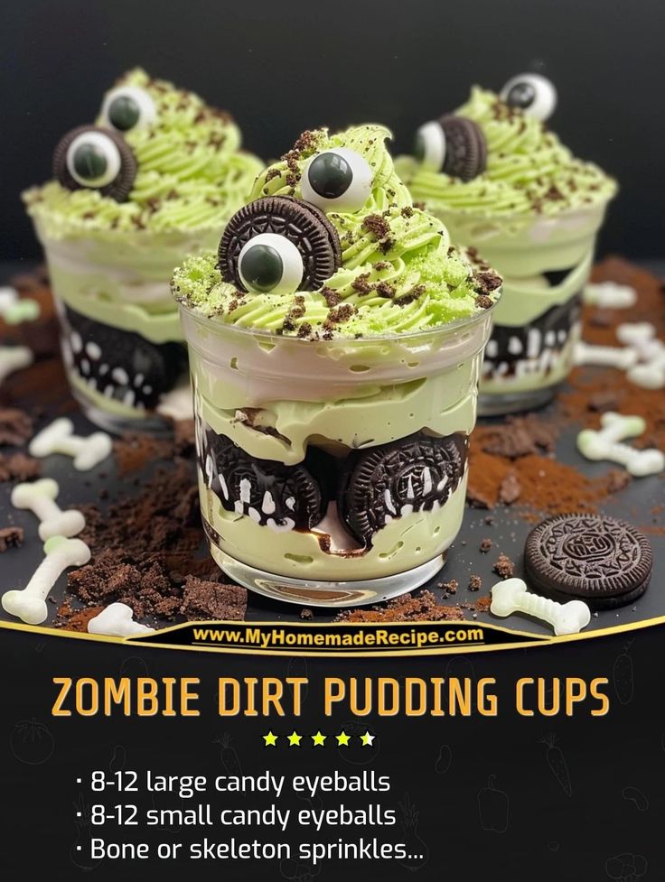 two desserts with green frosting and googly eyes on them are shown in front of a black background