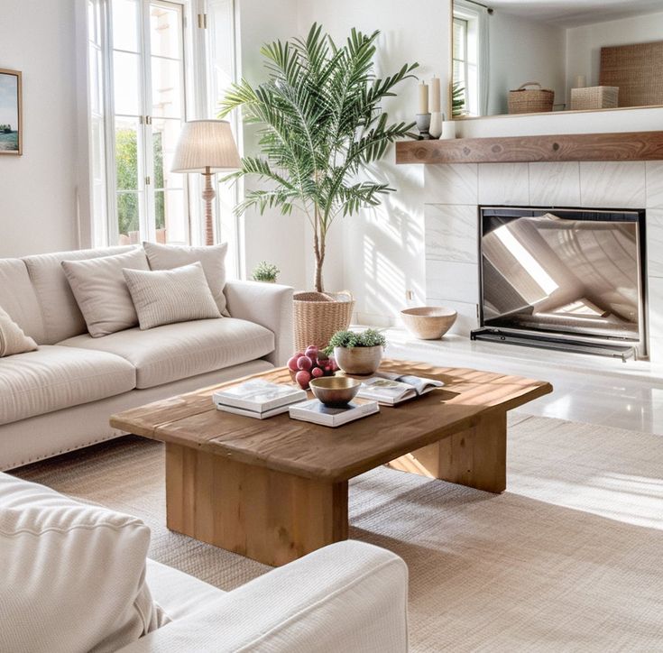 a living room with white couches and a coffee table in front of a fireplace