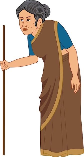 an old woman leaning on a pole with her arm extended and holding a stick in one hand