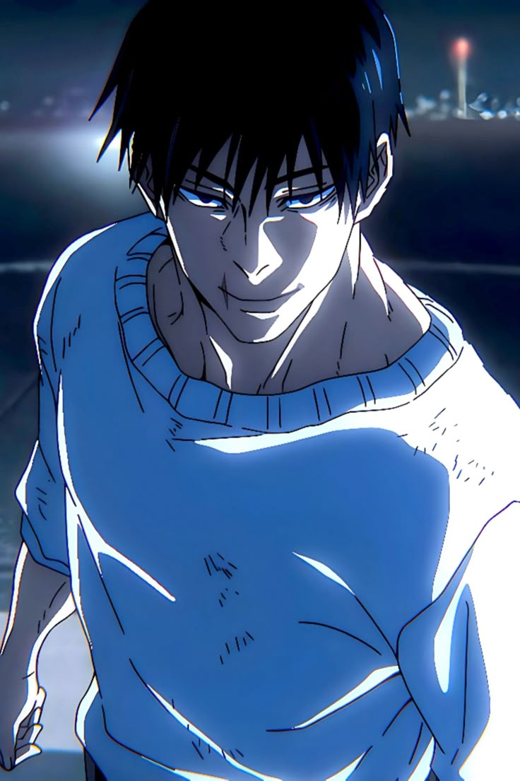 an anime character with black hair wearing a blue shirt and white t - shirt, standing in front of a cityscape