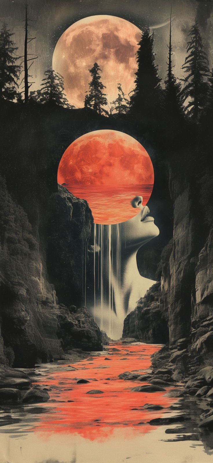 an image of a woman floating in the water with a red moon above her head