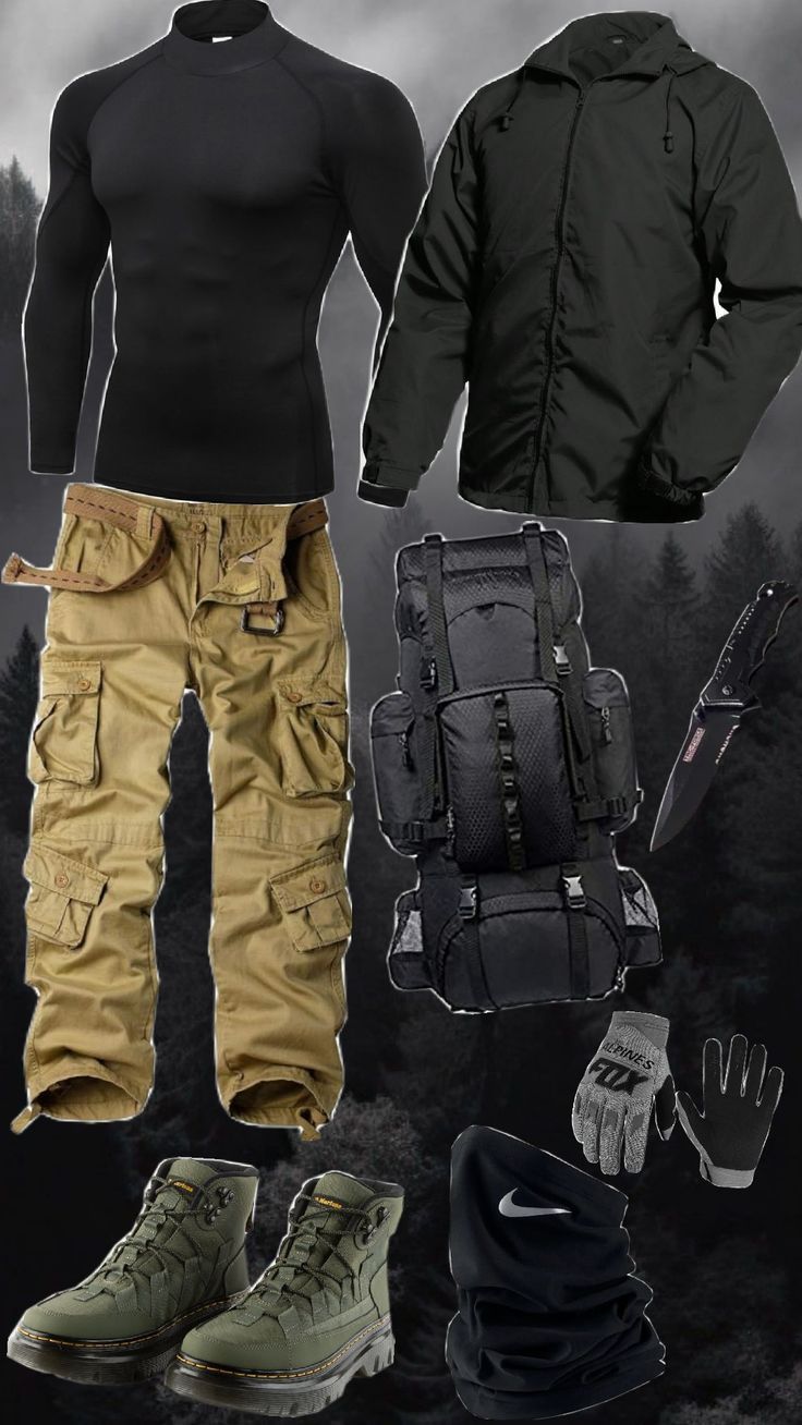 ⛰️ Civilian Tactical Outfit, Zombie Apocalypse Outfits Men, Apocalypse Outfit Male, Survival Outfit, Tactical Outfit, Zombie Apocalypse Outfit, Aesthetic Outfits Men, Survival Equipment, Outfit Layout