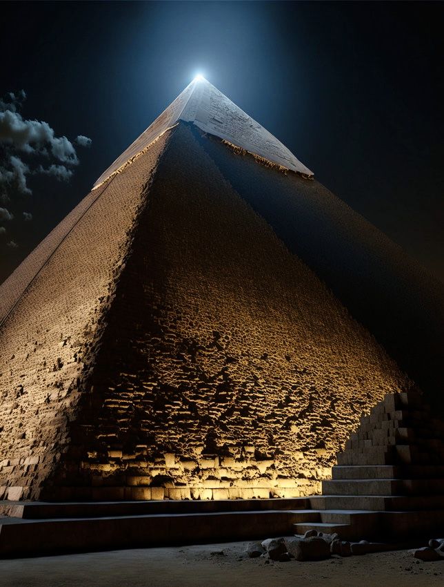 the pyramid is lit up at night with light coming from it's top and side