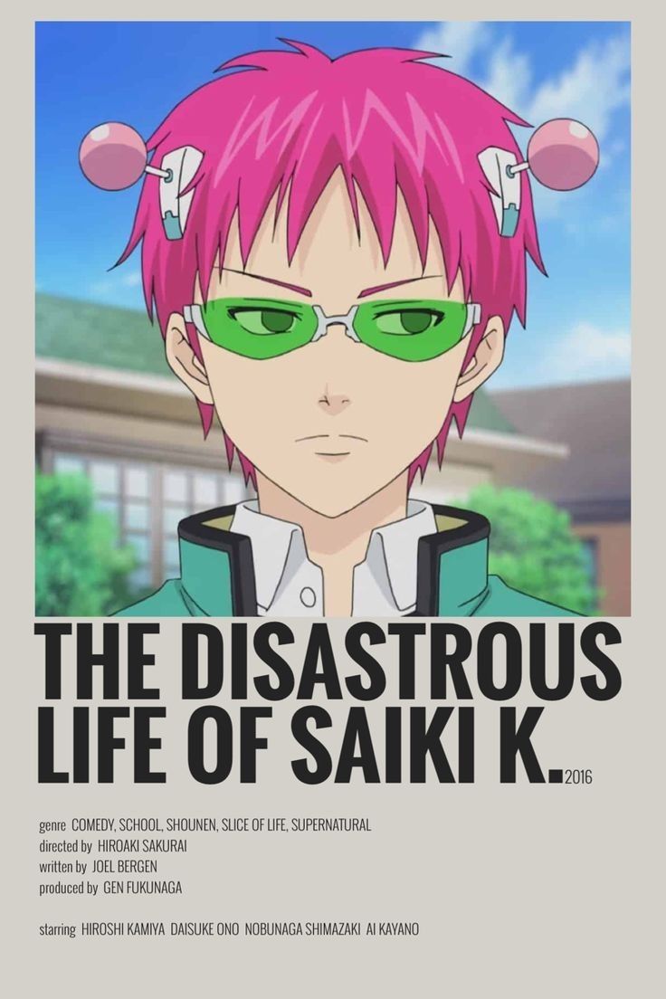 an anime character with pink hair and green eyes, in front of a poster for the life of saiki k