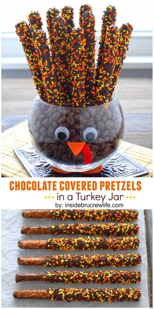 chocolate covered pretzels in a turkey jar