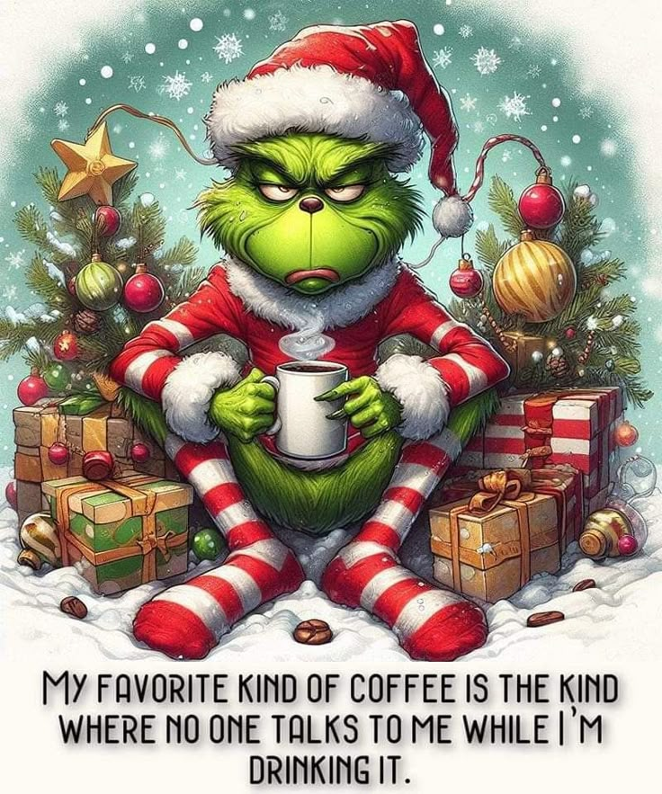 the grinch is drinking coffee while sitting in front of christmas trees