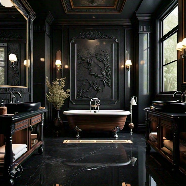 an elegant bathroom with black marble floors and dark wood fixtures, including a claw foot tub