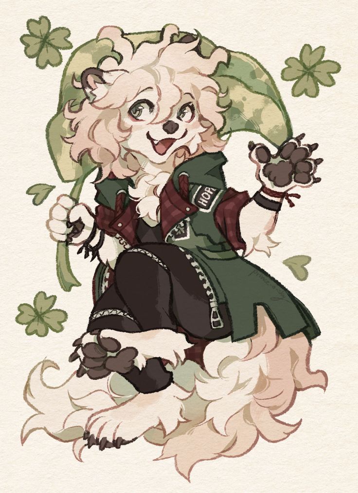 a drawing of a woman dressed in green and holding a cat with four leaf clovers around her neck