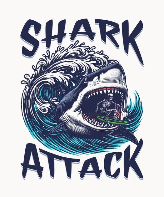 Shark attack T-Shirt Design Template Shark Illustration Design, Shark Graphic Design, Shark Tshirt Design, Summer T-shirt With Shark Design, Short Sleeve, Blue Short Sleeve T-shirt With Shark Design, T Shirt Design Template, Tshirt Design Inspiration, Pop Art, Tshirt Designs