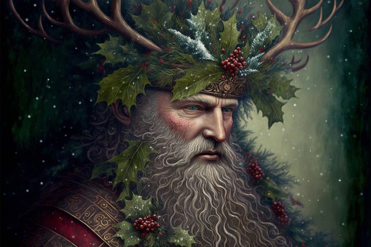 a painting of an old man with reindeer antlers on his head and holly wreath around his neck