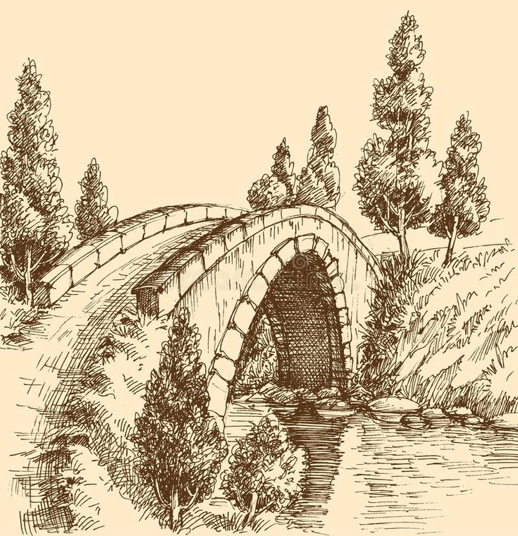 a drawing of a bridge over a river