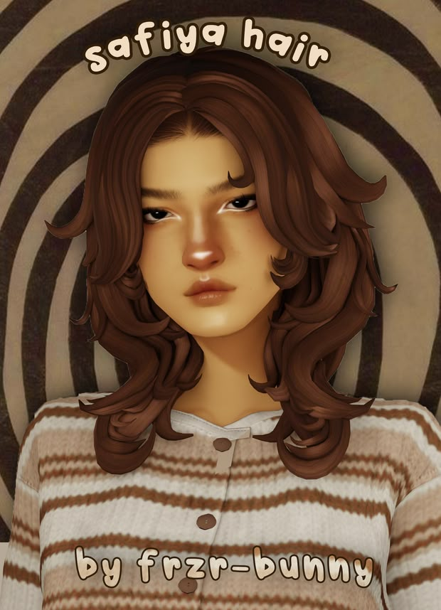 an animated image of a woman with long brown hair, wearing a striped shirt and text saying saffya hair by friz - bunny