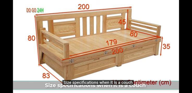 the bed frame is made from wood and has drawers on both sides, with measurements for each