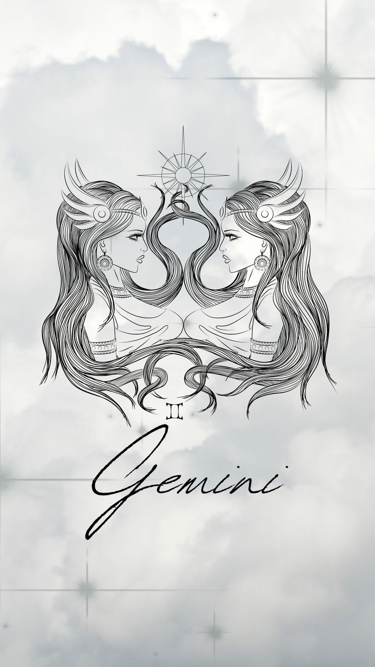 two women with long hair are facing each other and the words gennia written in cursive writing