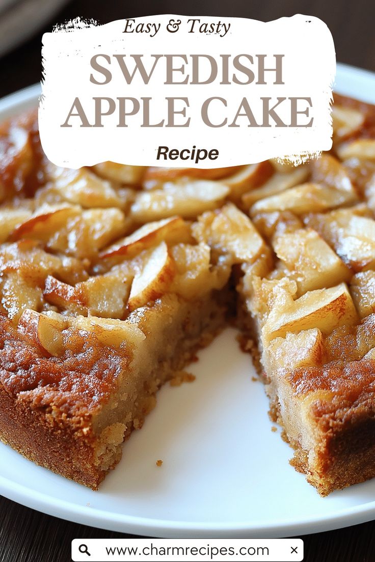 a close up of a cake on a plate with the words, easy and tasty swedish apple cake recipe