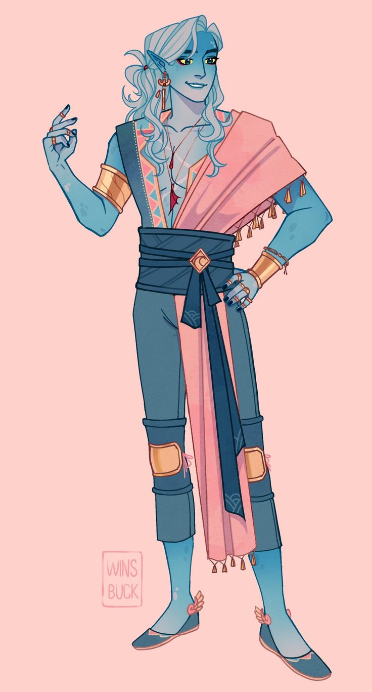 a drawing of a man in blue and pink clothes with his hands on his hips