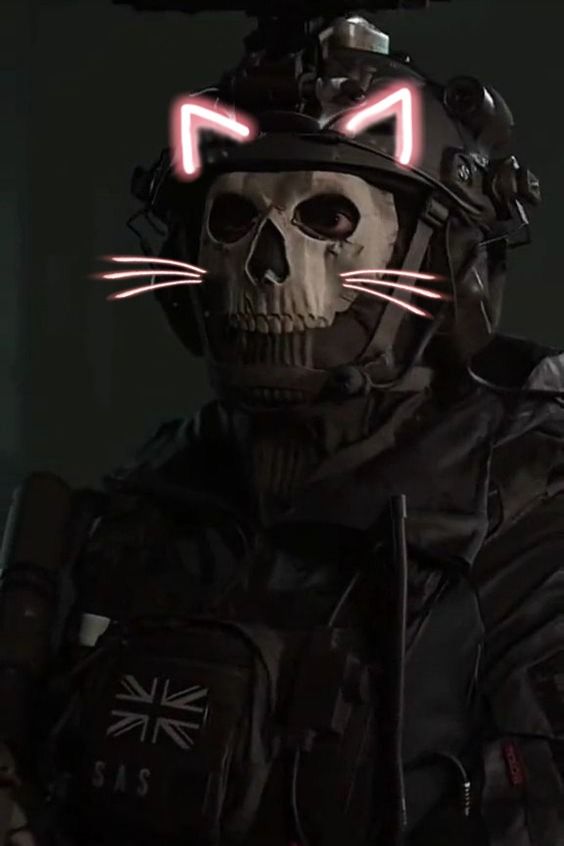 a skeleton wearing a helmet with glowing eyes and a cat's head in the background