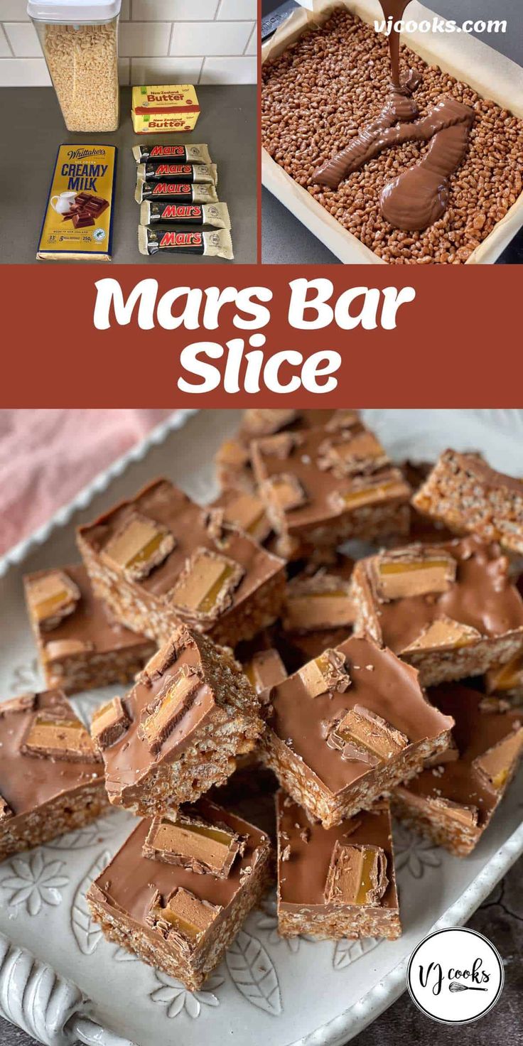 there are many desserts on the table with words overlay that says mars bar slice