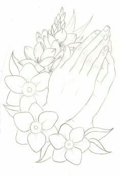 a drawing of hands and flowers on a white background