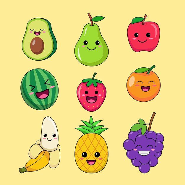 various fruits and vegetables with faces drawn in the style of emoticions on a yellow background