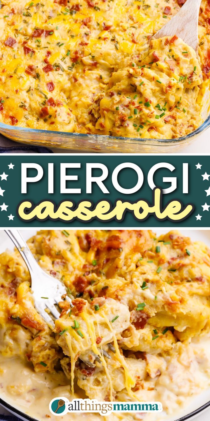 close up image of Pierogi Casserole served in a large glass casserole dish Ground Beef Perogie, Perogie And Ground Beef Casserole, Taco Perogies, Pillsbury Pierogi Casserole, Sausage And Pierogi Casserole, Sausage And Pierogies Casserole, Bacon Perogie Casserole, Hamburger And Perogies Recipes, Dinner Recipes With Perogies