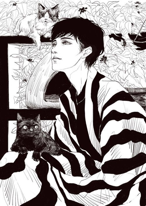 a black and white drawing of a person with a cat