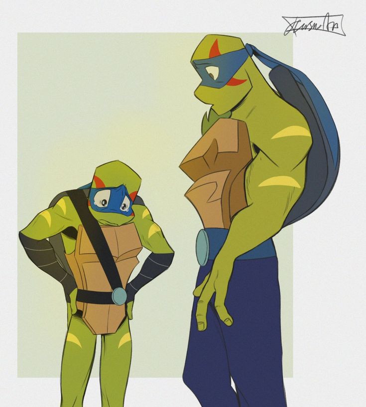 an animated image of two people dressed as teenage mutant ninjas, one with his back turned to the camera