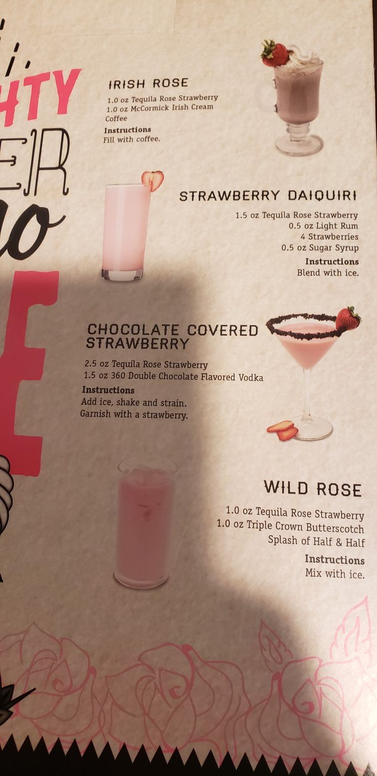 a menu with different types of drinks on it