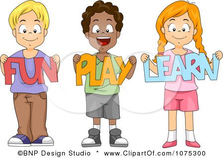 three children holding up letters that say fun, play and learn in front of them