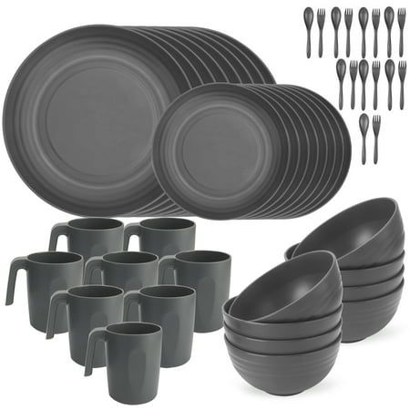 a set of grey dinnerware with forks and spoons next to each other on a white background