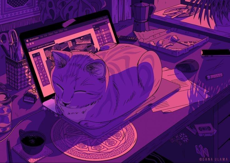 a cat sleeping on top of a laptop computer next to a desk full of clutter